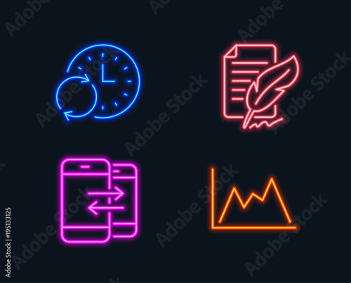 Neon lights. Set of Feather signature, Update time and Phone communication icons. Diagram sign. Feedback, Refresh clock, Incoming and outgoing calls. Growth graph.  Glowing graphic designs. Vector © blankstock