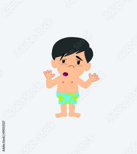 Asian boy in a swimsuit makes a gesture of tired resignation.
