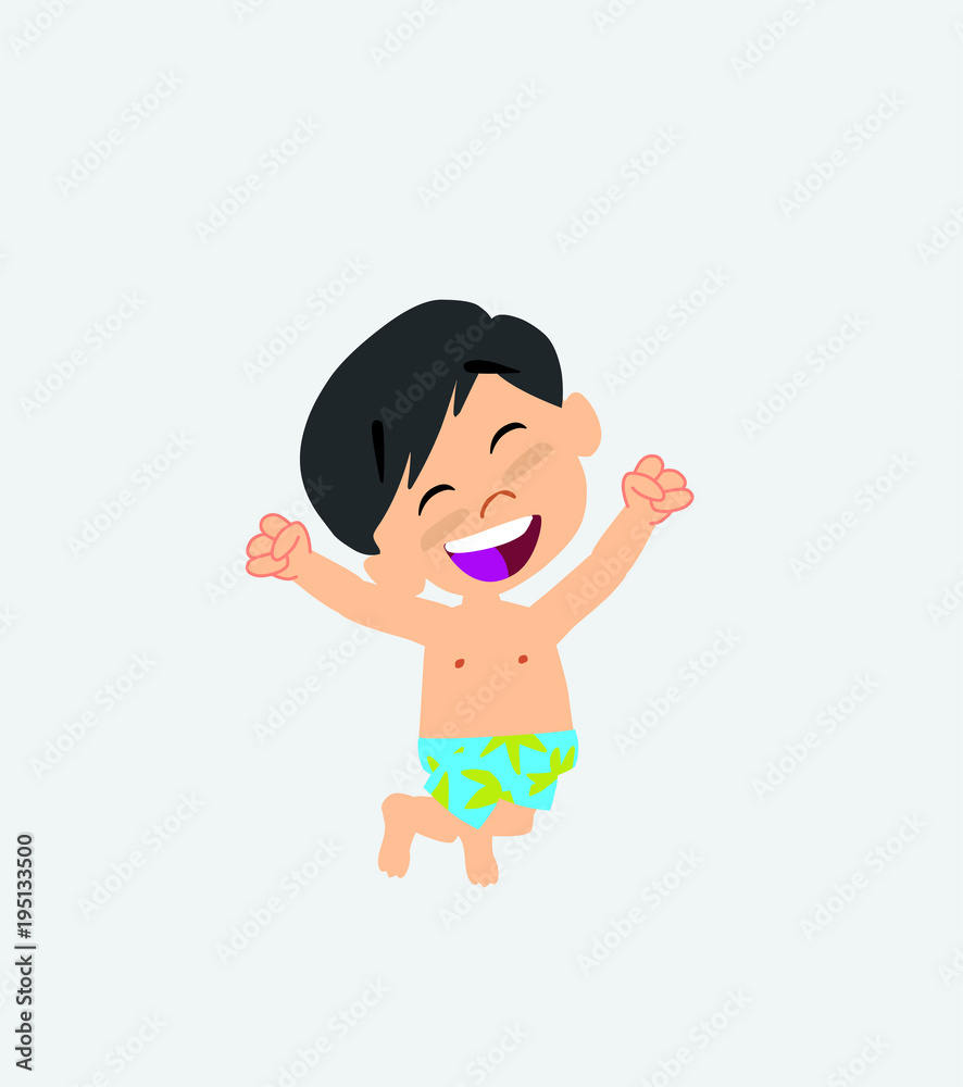 Asian boy in a swimsuit jumping for joy. Asian boy in a swimsuit jumping for joy.