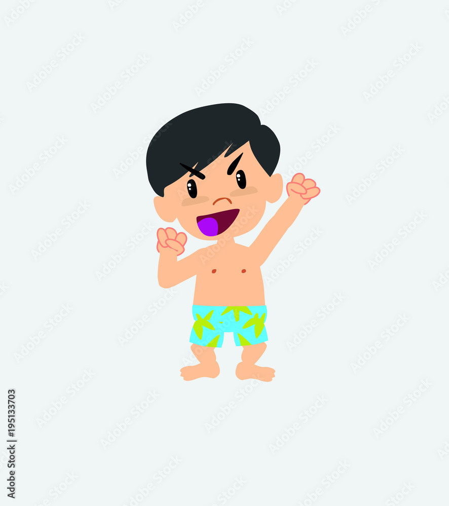 Asian boy in a swimsuit cheering enthusiastically. Asian boy in a swimsuit cheering enthusiastically.