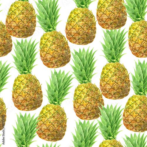 Pineapples painted with watercolors, seamless pattern for design.