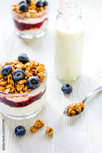 Fitness breakfast with muesli and milk on white table