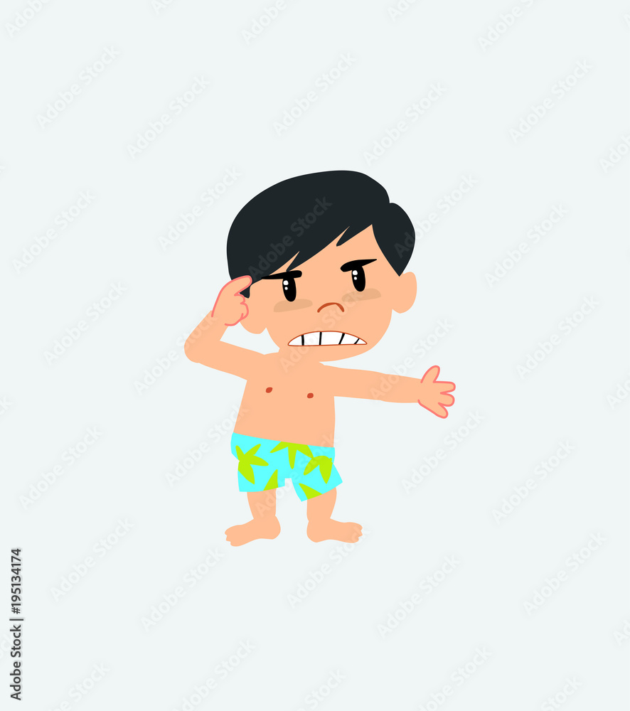 Asian boy in a swimsuit, is angry and points his head with his index finger. Asian boy in a swimsuit, is angry and points his head with his index finger.