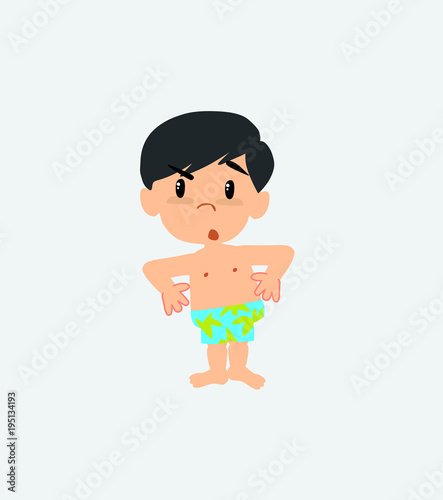Asian boy in a swimsuit with an expression of unpleasant surprise.