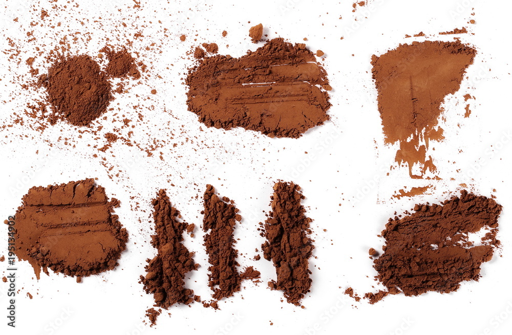 Fototapeta premium Cocoa powder pile isolated on white background, top view