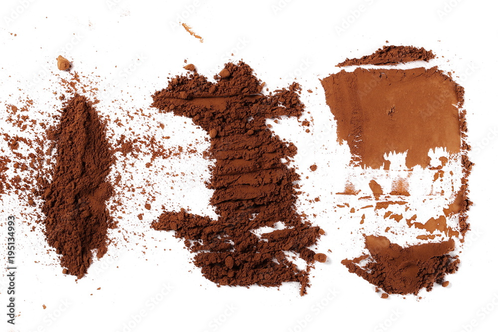 Fototapeta premium Cocoa powder pile isolated on white background, top view