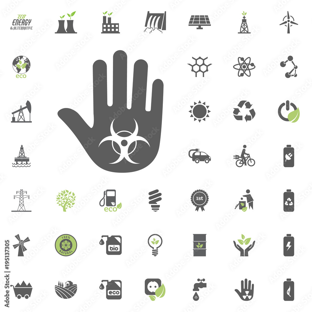 Fototapeta premium Stop warning icon. Eco and Alternative Energy vector icon set. Energy source electricity power resource set vector.