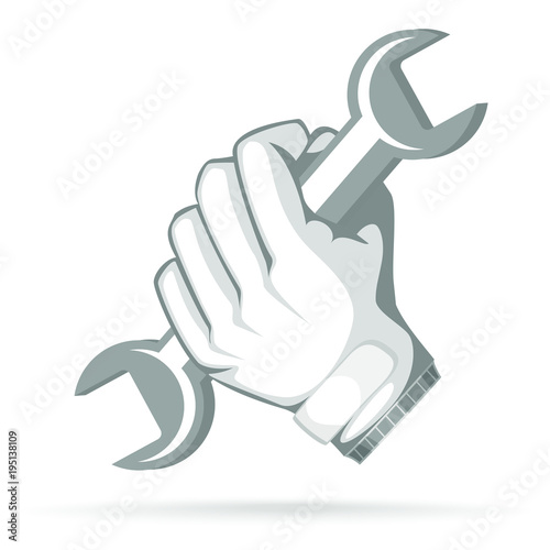 Construction worker, repairman, handyman hold wrench. Technical support.