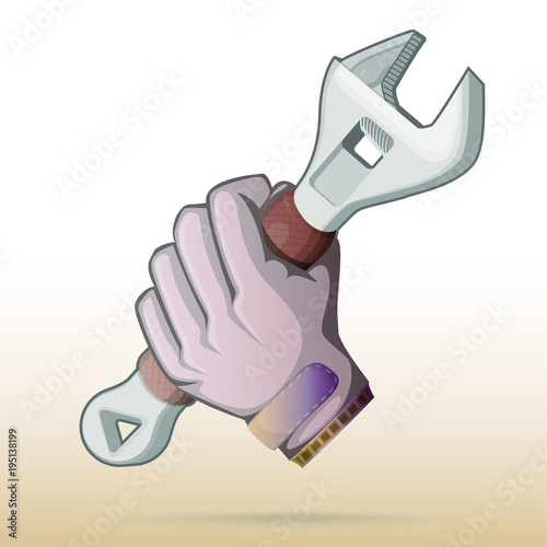 Construction worker, repairman hold wrench. Technical support.