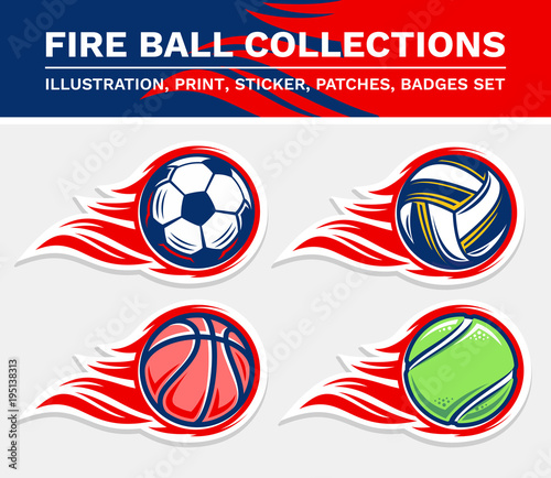 Football fire ball, volleyball fire ball, basketball fire ball, tennis fire ball vector illustration, print, stickers, badges, patches collection.