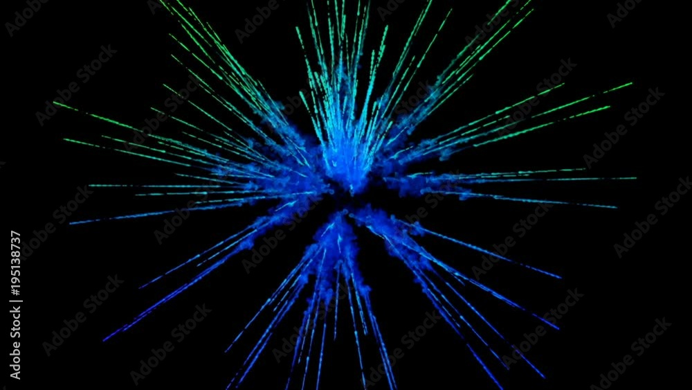 explosion of blue powder on black background. 3d animation of particles as colorful background or overlays for effects. Burst of colorful paint powder for bright presentation like holi festival. 3