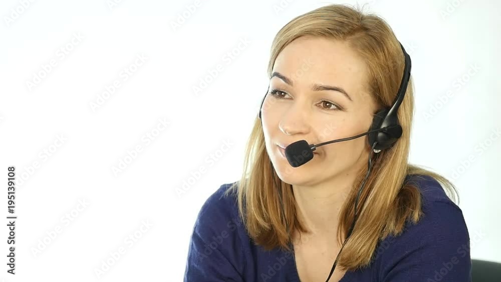 employee working in a call center. Headset telemarketing woman talking on helpline. slow motion employee working in a call center. Headset telemarketing woman talking on helpline. slow motion