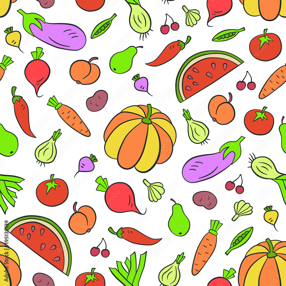 Vegetables and fruits. Seamless pattern in doodle and cartoon style. Colorful. Vector. EPS 10 Vegetables and fruits. Seamless pattern in doodle and cartoon style. Colorful. Vector. EPS 10