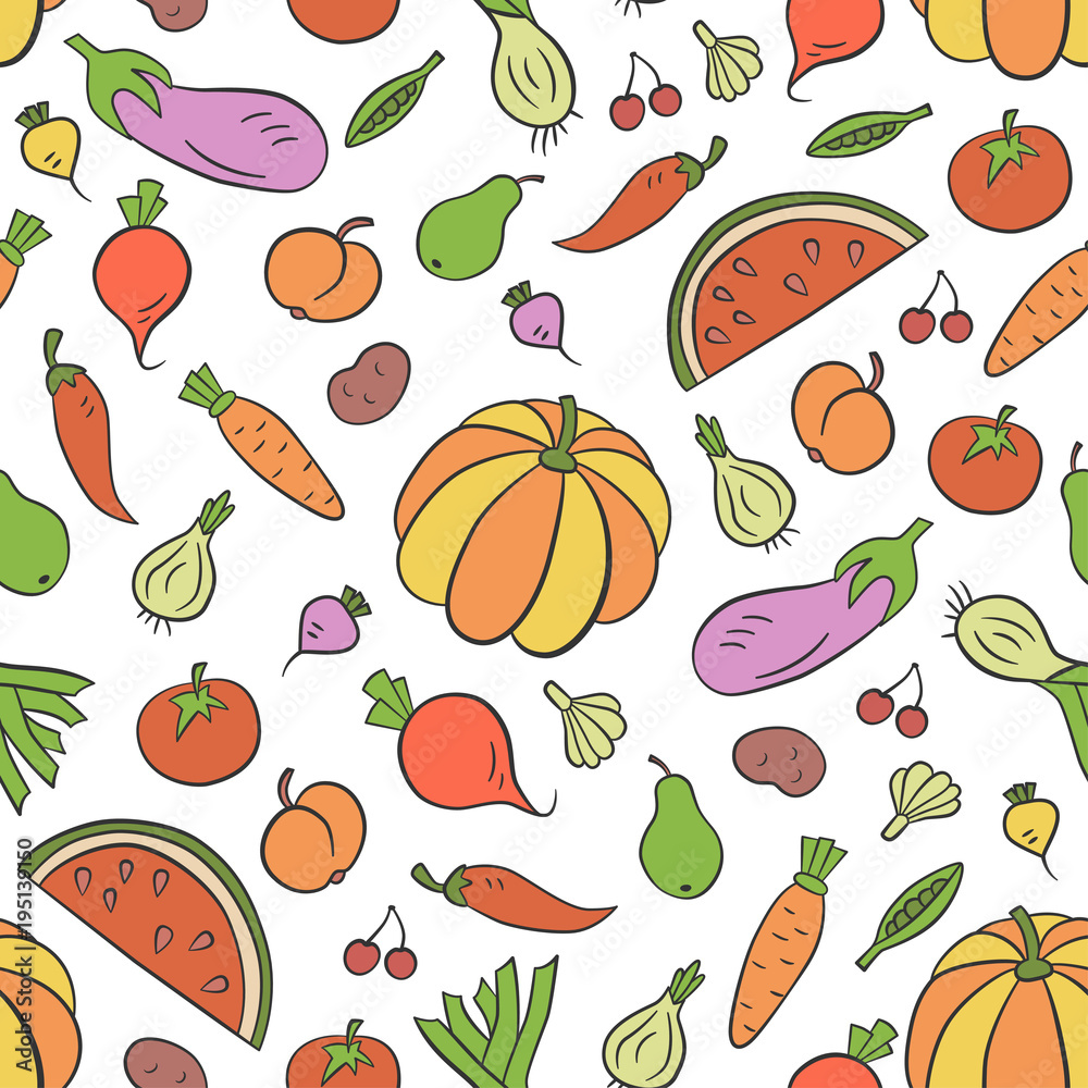 Vegetables and fruits. Seamless pattern in doodle and cartoon style. Colorful. Vegetables and fruits. Seamless pattern in doodle and cartoon style. Colorful.