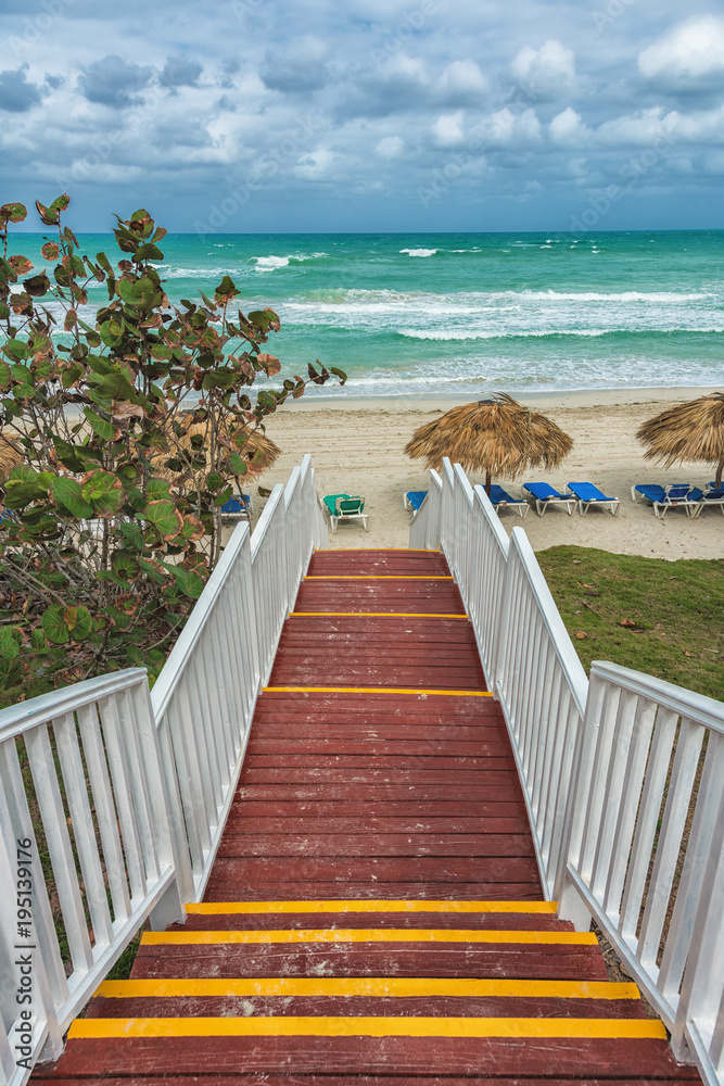 Fototapeta premium Sea view, beautiful beach with blue sky, sand sun daylight, holiday summer concept.