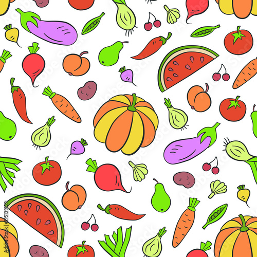 Fototapeta Naklejka Na Ścianę i Meble -  Vegetables and fruits. Seamless pattern in doodle and cartoon style. Colorful. Vector. EPS 10