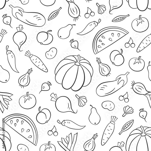 Vegetables and fruits. Seamless pattern in doodle and cartoon style. Outline. 