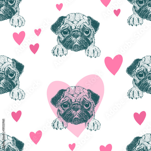 Seamless pattern with pretty pug puppy.
