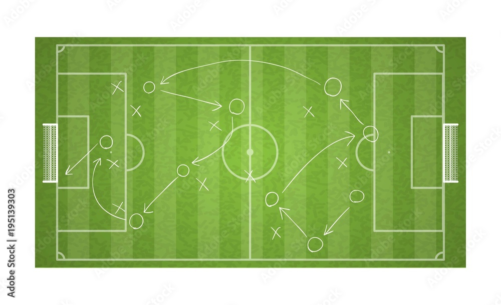 top view football field drawing a soccer game strategy. top view football field drawing a soccer game strategy.