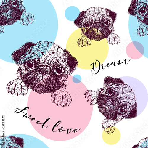 Seamless pattern with pretty pug puppy.