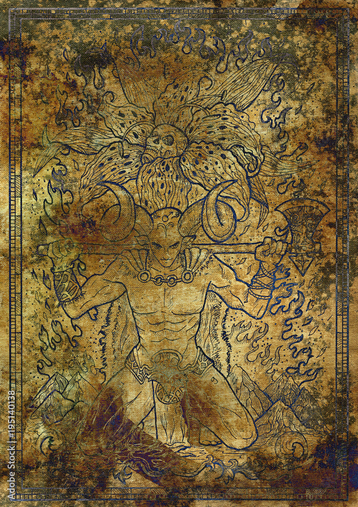 Zodiac sign Aries on old fabric texture background. Hand drawn fantasy graphic illustration in frame
