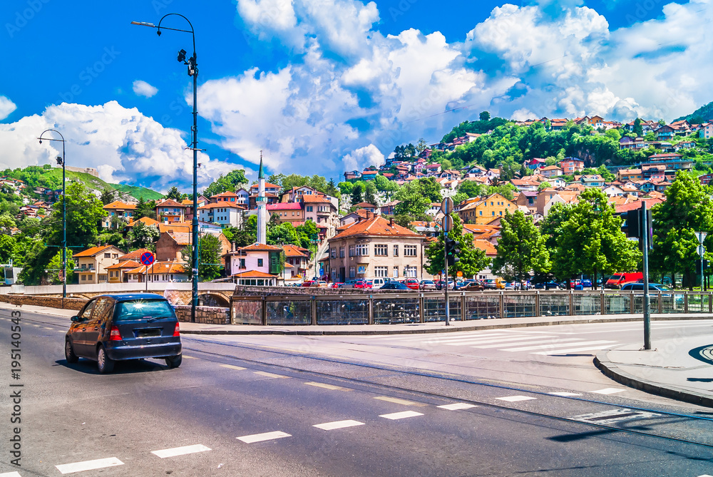 Sarajevo town picturesque view. / Scenic view at old picturesque town Sarajevo in Eastern Europe, capital city of Bosnia and Herzegovina. - obrazy, fototapety, plakaty 