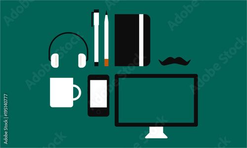 Hipster icons concept. designer table top. headphone icon. Coffee mug icon. desktop screen icon. phone icon. pencil icon. pen icon. notepad icon. moustache icon. vector illustration. eps 10