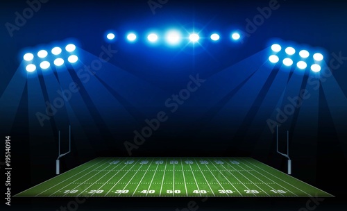 American football arena field with bright stadium lights design. Vector illumination