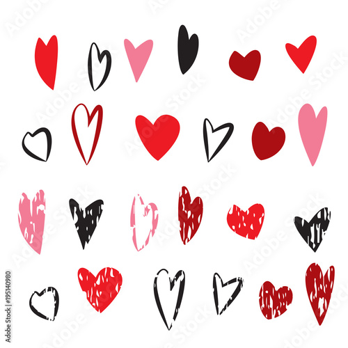 Grunge red and pink hand drawn heart set. Valentine's day and wedding card  vector illustration.
