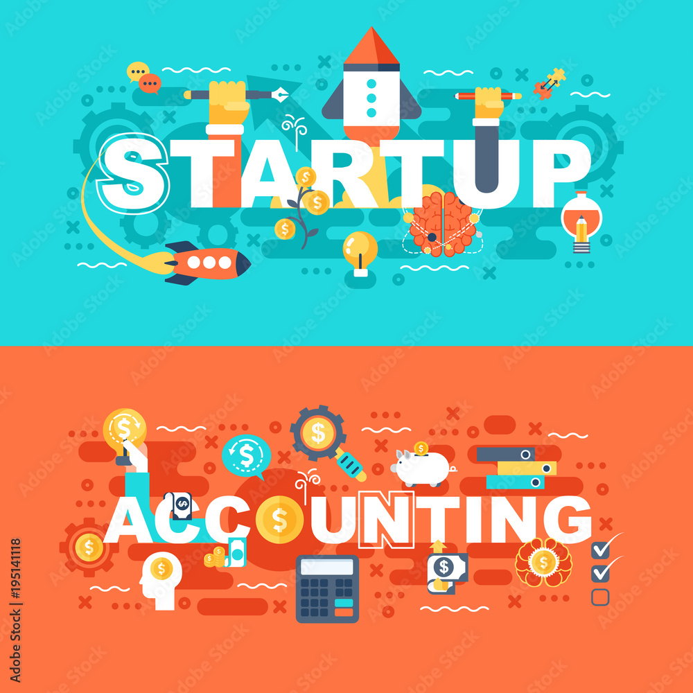 Startup and accounting set of flat concept. Banners with slogan for website and graphic design. Flat icons. Mobile and print media. Vector illustration.