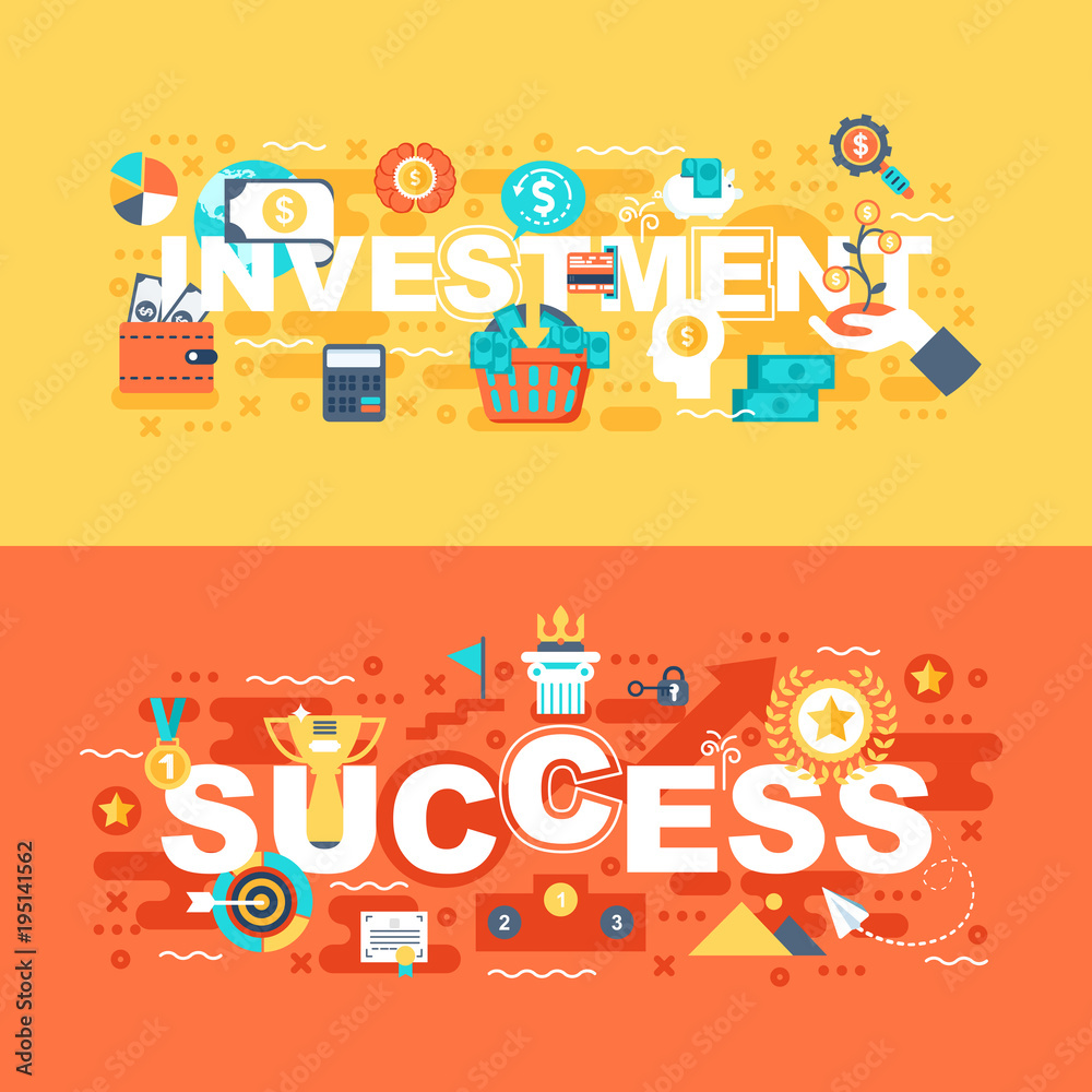 Investment and success set of flat concept. Banners with slogan for website and graphic design. Flat icons. Mobile and print media. Vector illustration. Investment and success set of flat concept. Banners with slogan for website and graphic design. Flat icons. Mobile and print media. Vector illustration.