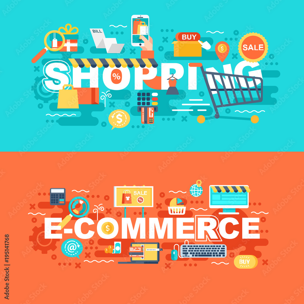 Shopping and e-commerce set of flat concept. Banners with slogan for website and graphic design. Flat icons. Mobile and print media. Vector illustration.