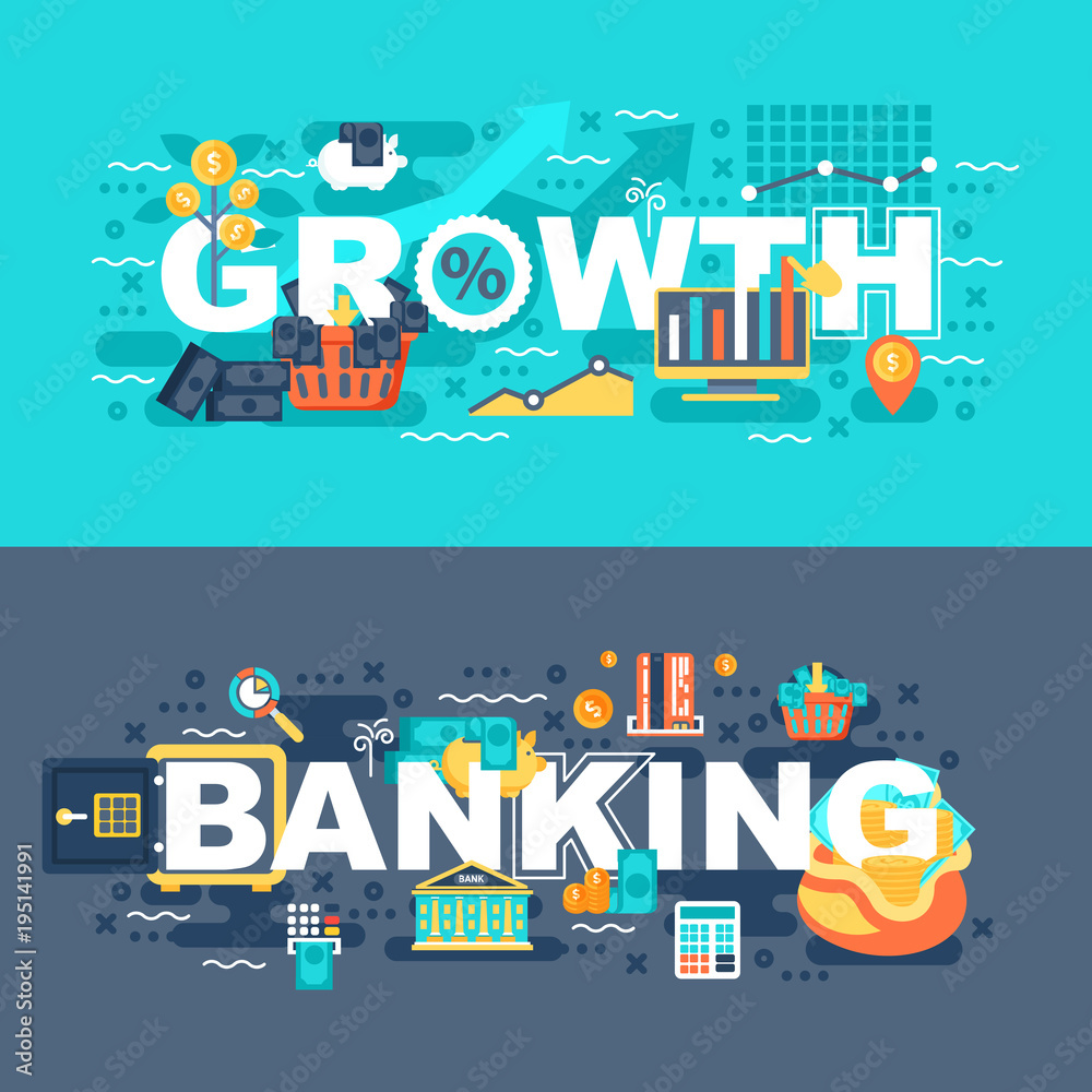 Banking and growth set of flat concept. Banners with slogan for website and graphic design. Flat icons. Mobile and print media. Vector illustration.