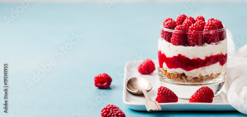 Raspberry dessert, cheesecake, trifle, mouse in a glass. Copy space