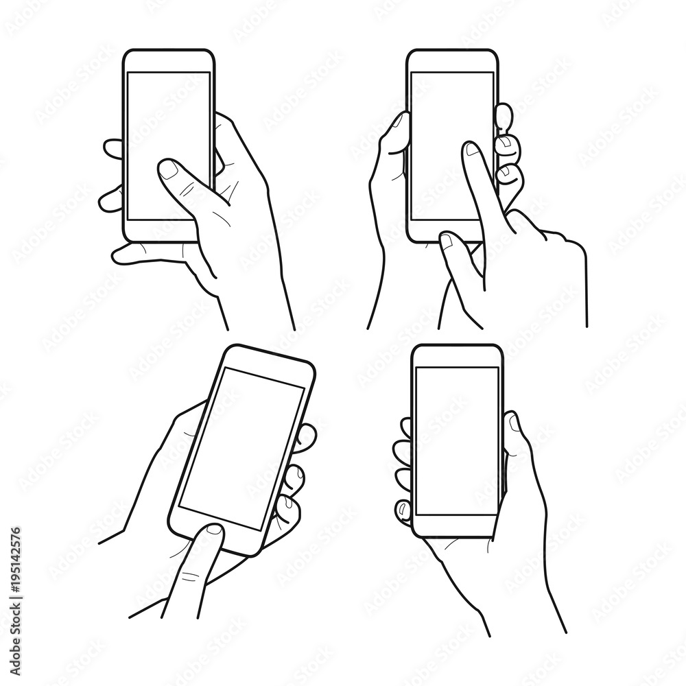 Hands collection, Vector illustration, Hand holding smartphone, Isolated,  Outline, Doodle Stock Vector | Adobe Stock