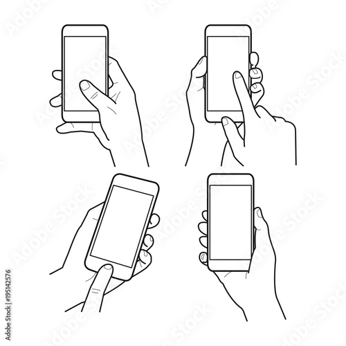Hands collection, Vector illustration, Hand holding smartphone, Isolated, Outline, Doodle