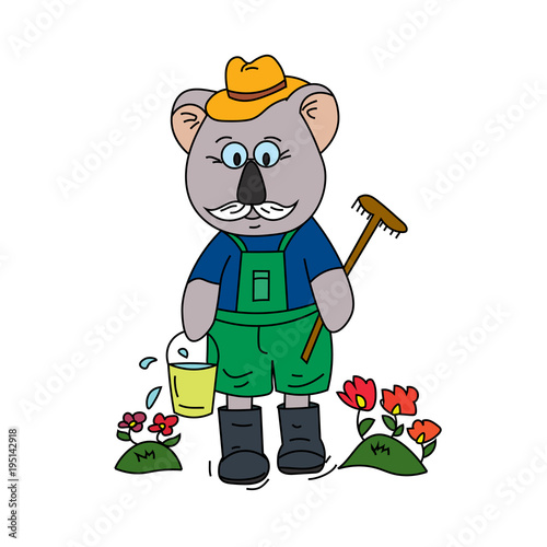 Grandpa koala cares for his flower garden.