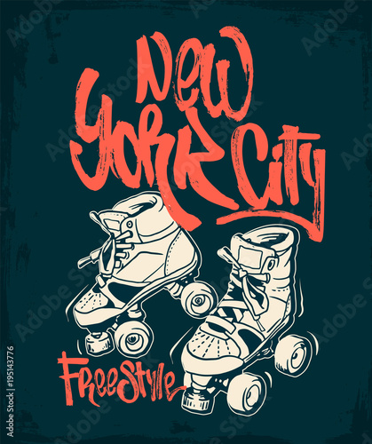 Roller skates on a grunge background T-shirt print.
