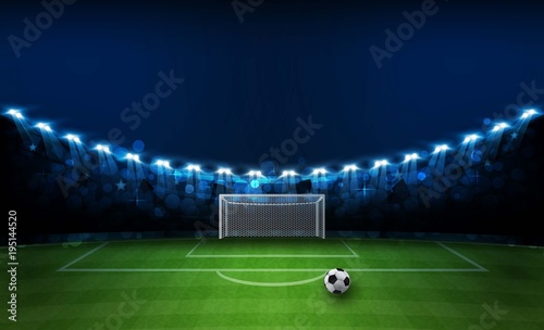 Football arena field with bright stadium lights design. Vector illumination