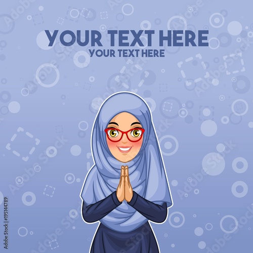 Young muslim woman wearing hijab veil smiling greeting with welcoming gesture hands put together, cartoon character design, against blue background, vector illustration.