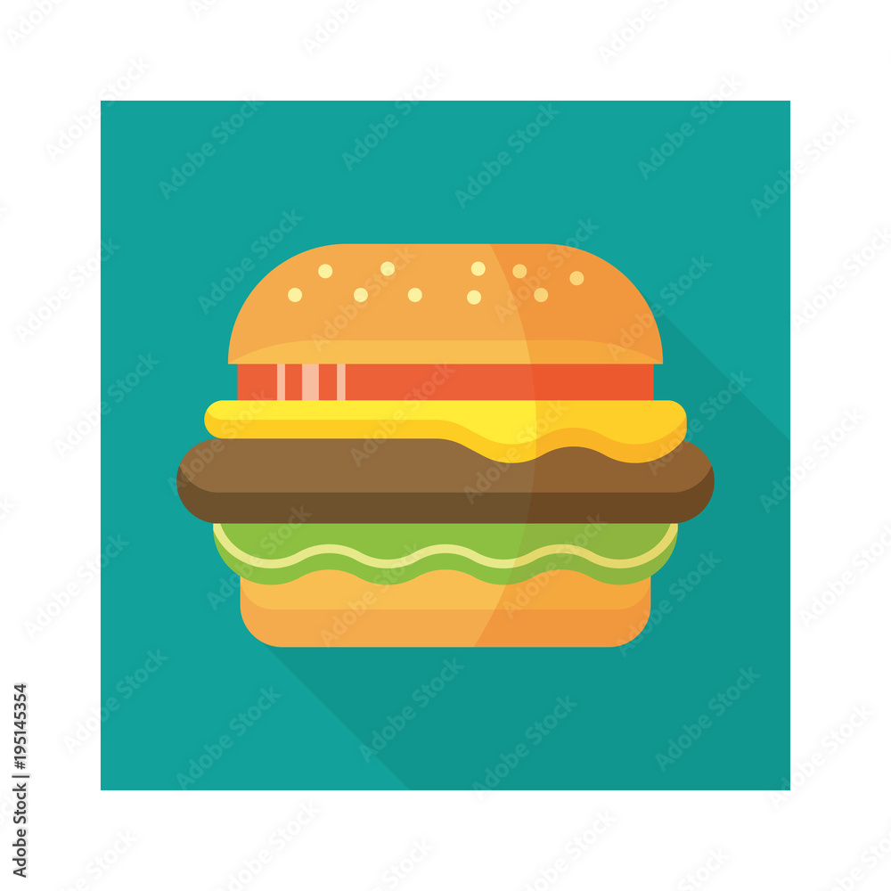 Hamburger icon with long shadow. Delicious burger. Vector design burger icon Hamburger icon with long shadow. Delicious burger. Vector design burger icon
