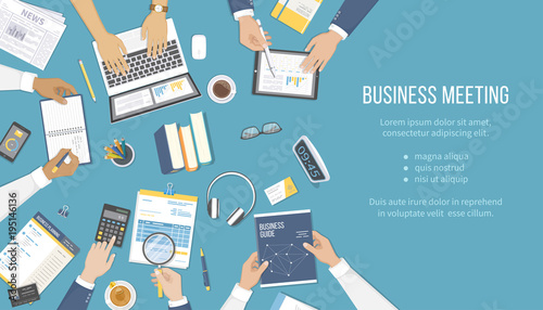Business meeting and brainstorming. Office teamwork concept with people around the table. Analysis, management, planning background. Businessman hands with documents, business guide, newspaper. Vector