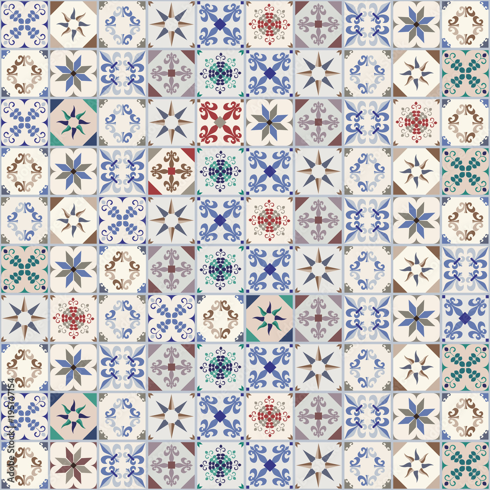 Seamless pattern of hydraulic tiles, typical of Spain, Italy and Portugal. Oriental style.