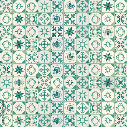 Seamless pattern of hydraulic tiles, typical of Spain, Italy and Portugal. Oriental style.