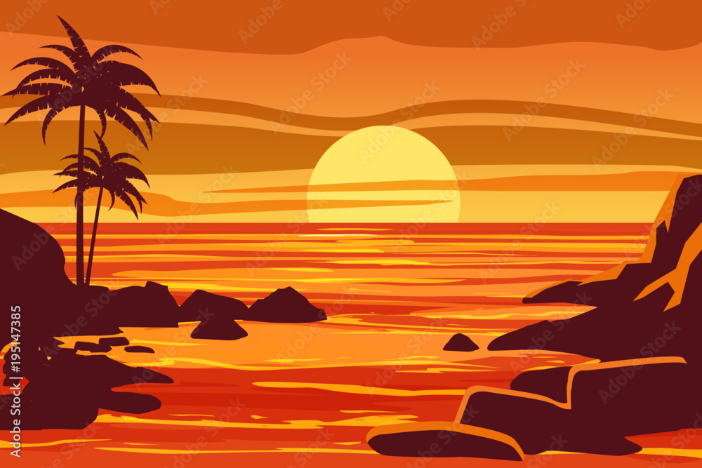 Tropical beautiful sunset, landscape, palms, sea, stones, vector, cartoon style, illustration isolated