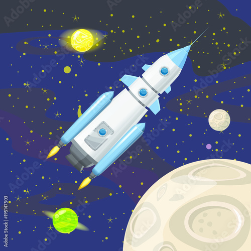 Space rocket launch, spaceship, space background, cartoon style, Vector illustration