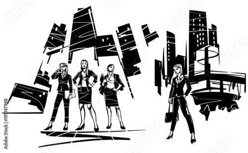 Three business woman on the background of the city. One businesswoman girl on city background.