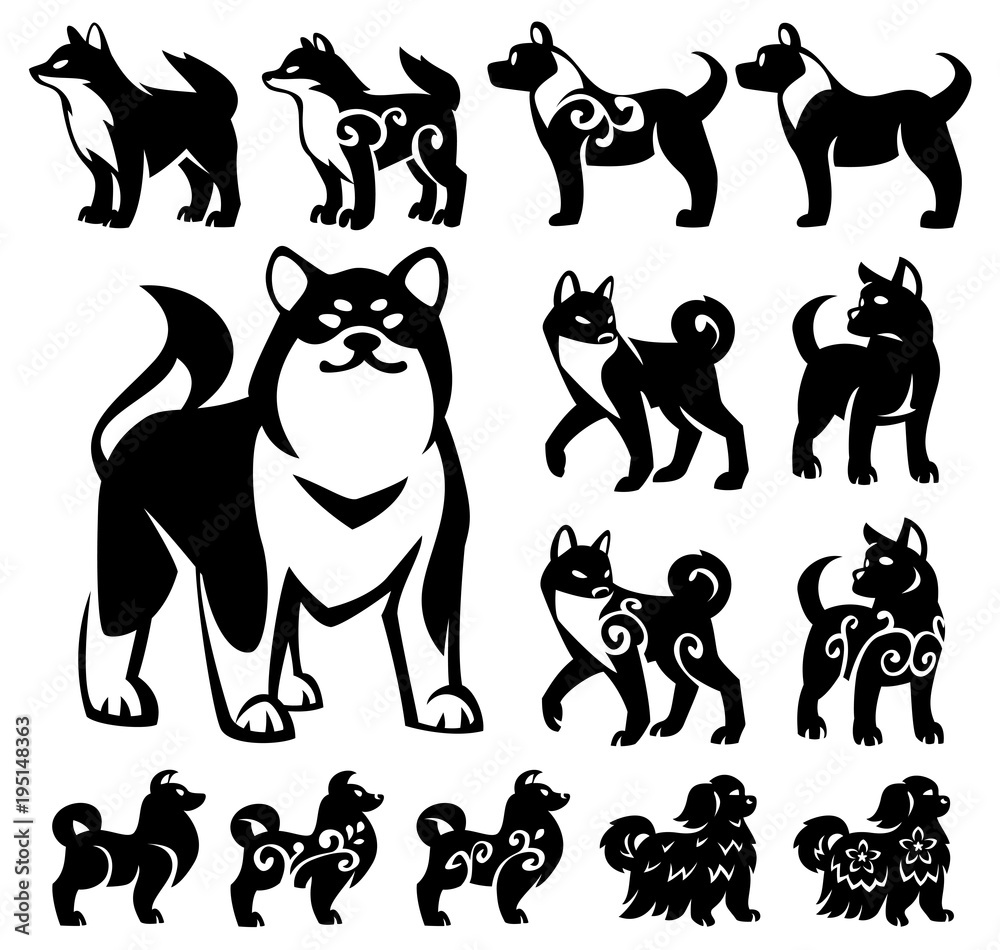 Stylized, decorative illustrations of Chinese and Japanese breeds of dogs. Black silhouettes on white background.