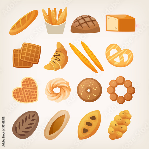 Set of buns and breads for everyday use from bakery. Isolated vector illustrations.