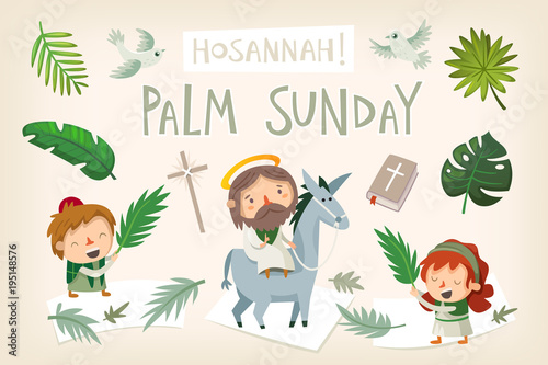 Jesus riding a donkey entering Jerusalem. People greeting him with palm branches and shouting Hosannah. Biblical easter story illustration. Vector.